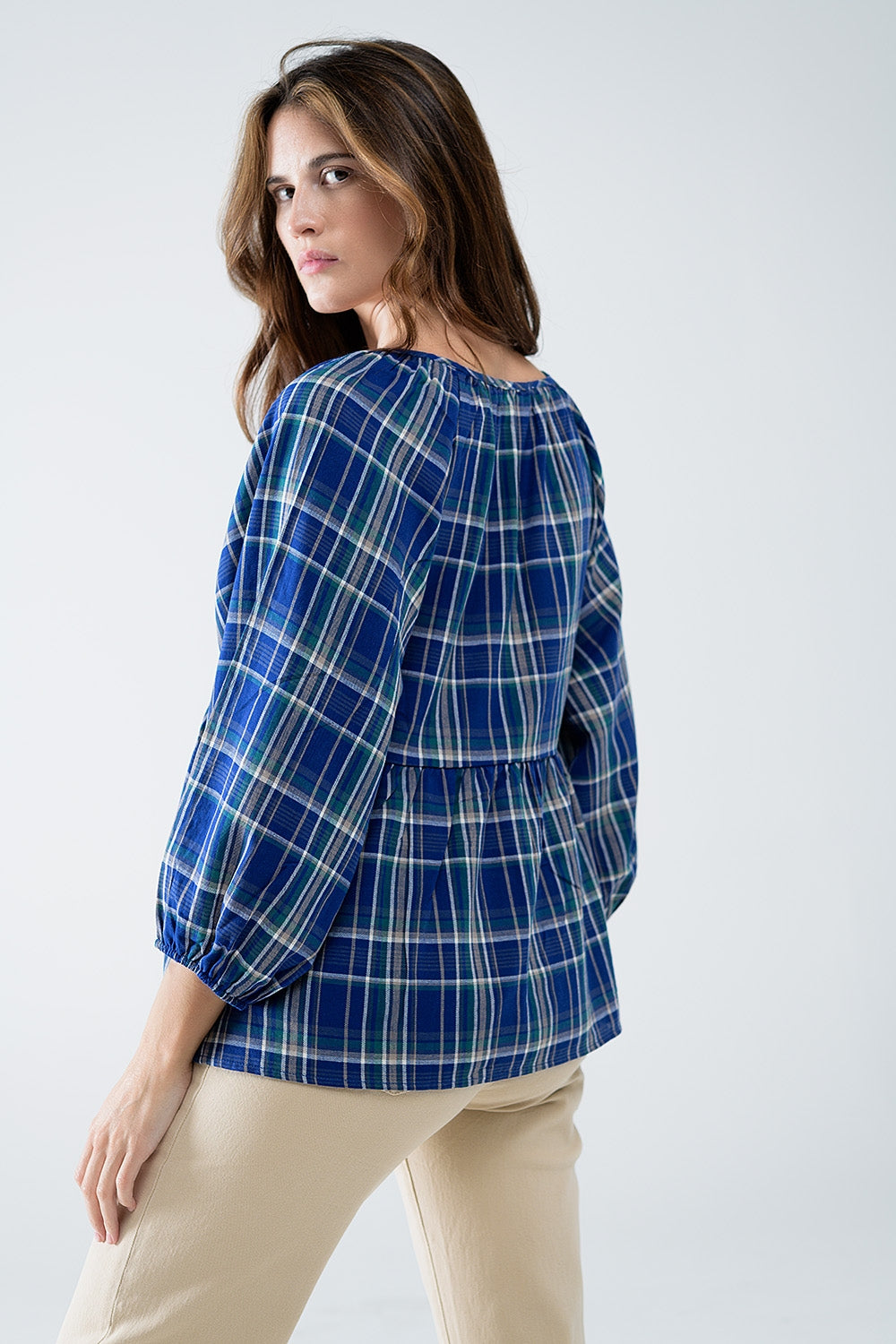 Camisa Babydoll Xadrez Azul e Verde