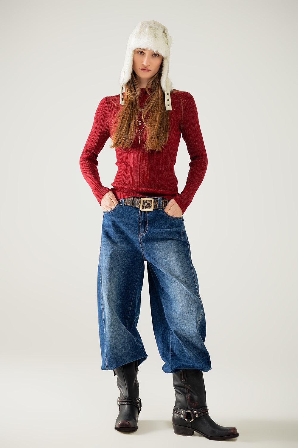 jeans largo balão com lavagem média