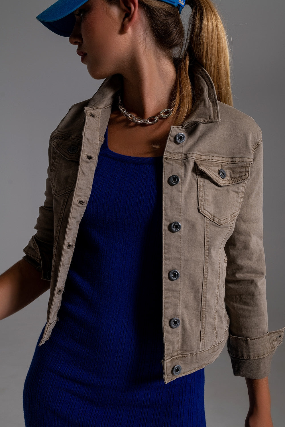 Jaqueta Jeans Básica Com Bolsos Bege