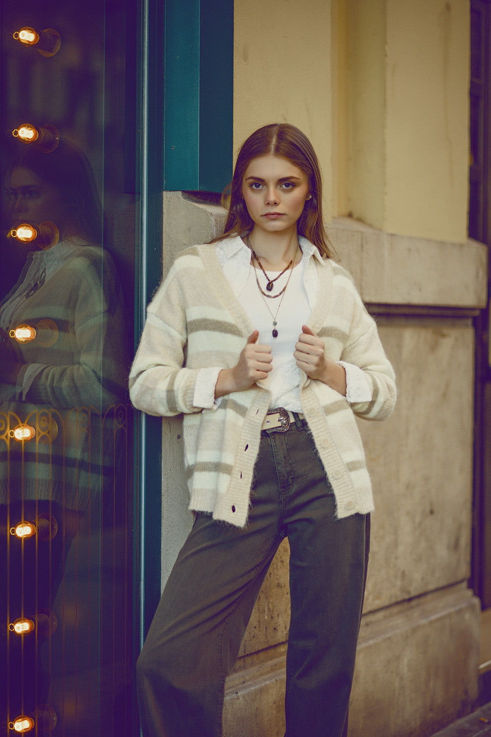 cardigan fofo listrado bege