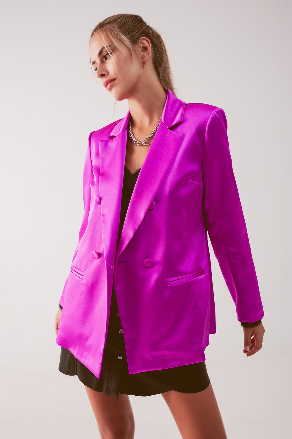 Q2 Blazer de fato de cetim com duplo peito em fuchsia