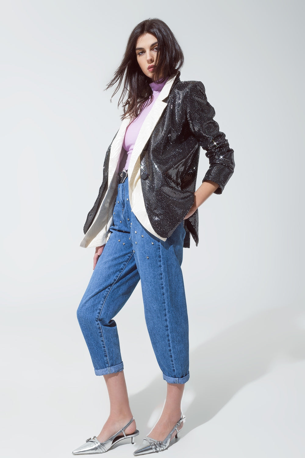 Blazer descontraído com lantejoulas para festas prateadas