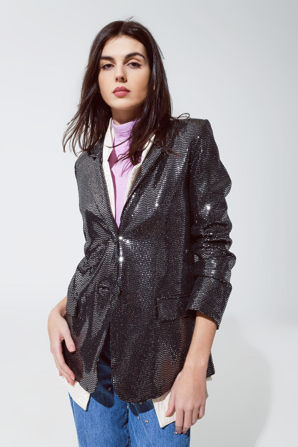 Blazer descontraído com lantejoulas para festas prateadas