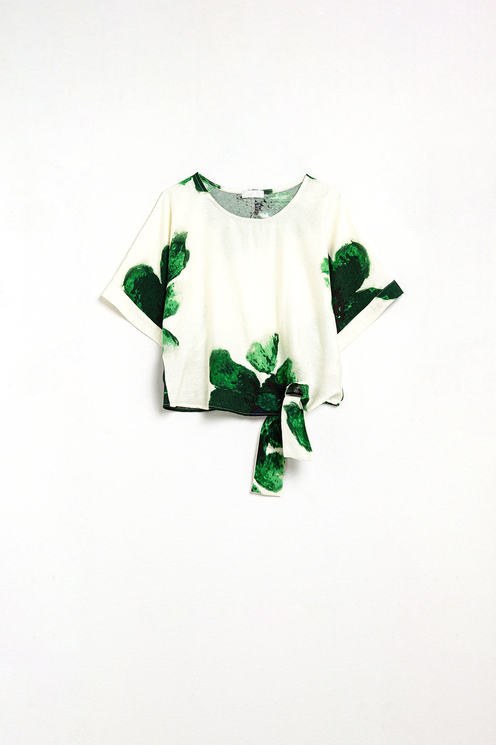 Blusa Cropped Com Estampa Floral em Verde Amarrada na Cintura