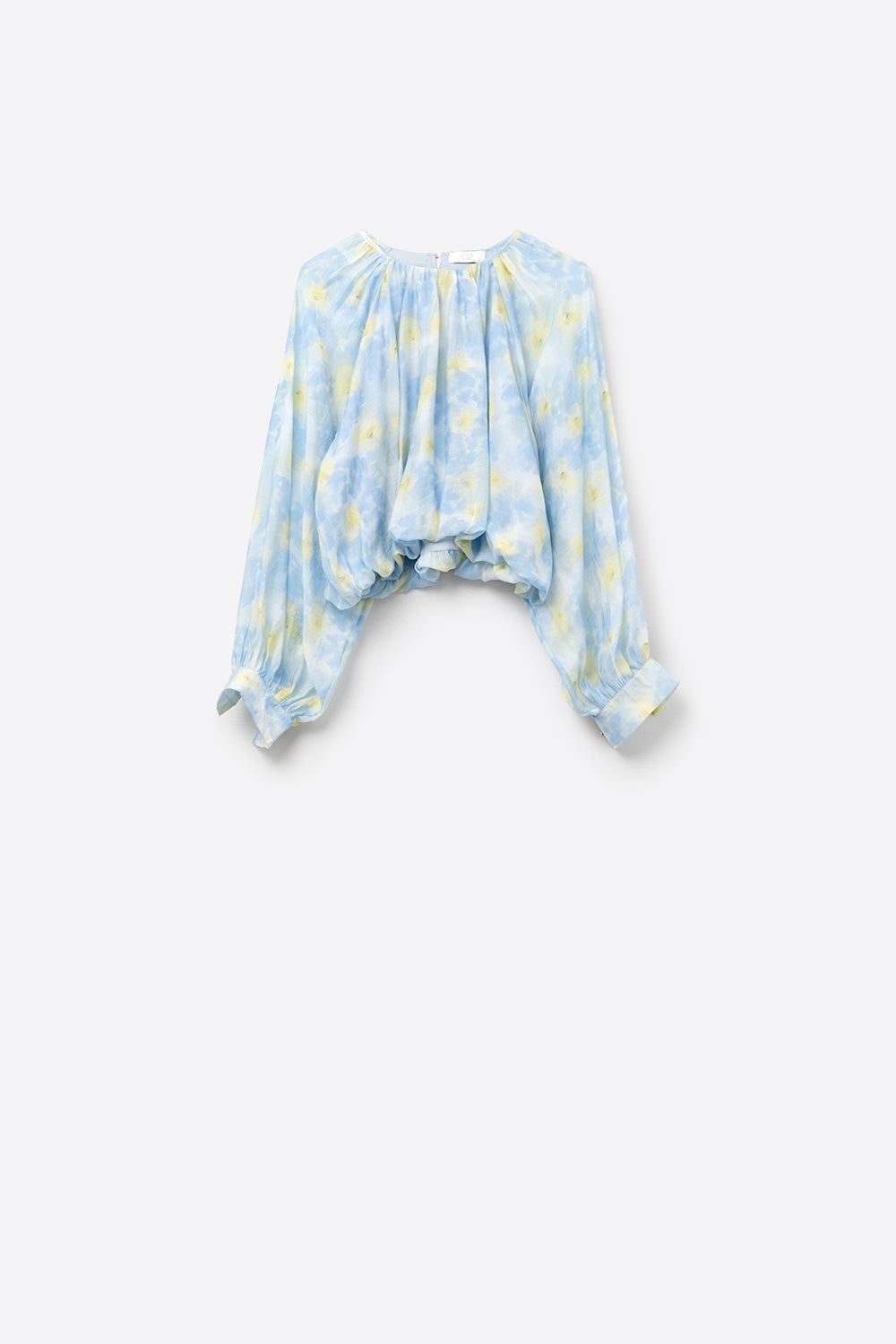 Q2 Blusa de chiffon azul estampada com mangas balão