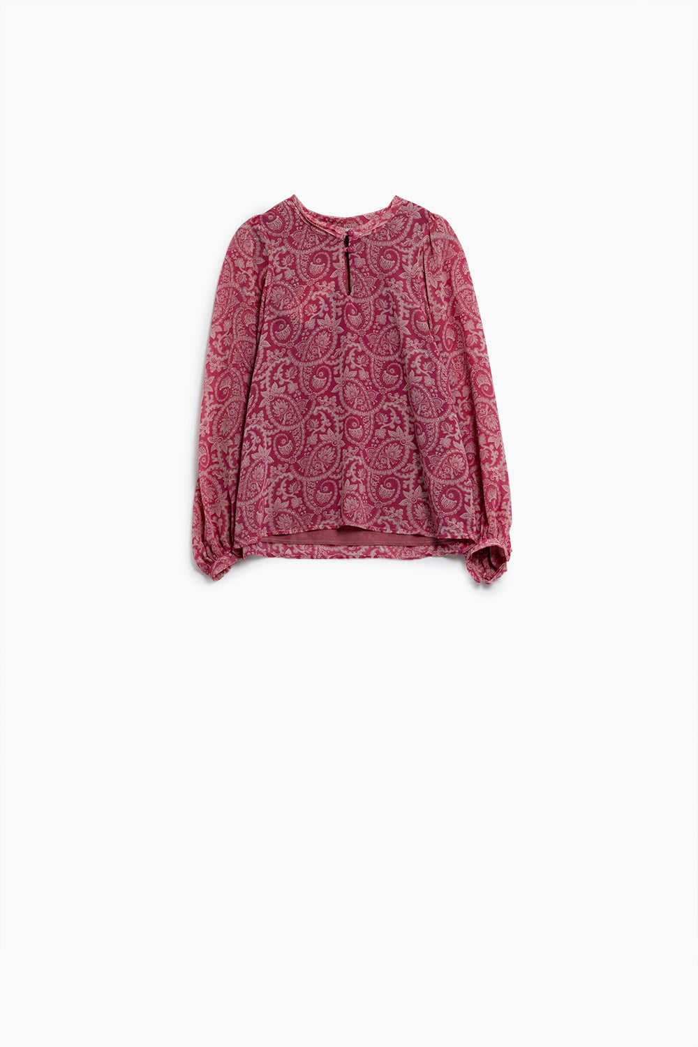 Blusa de chiffon cor-de-rosa com estampado floral e mangas compridas em balão