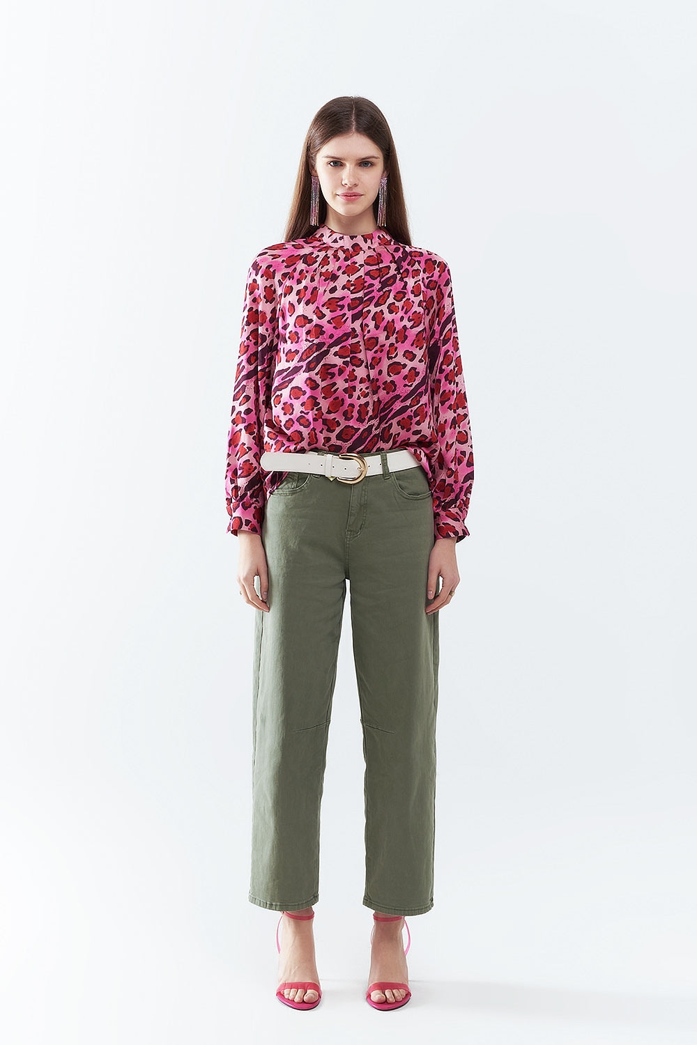 Blusa de Manga Comprida em Estampa de Leopardo Fúcsia Moderna