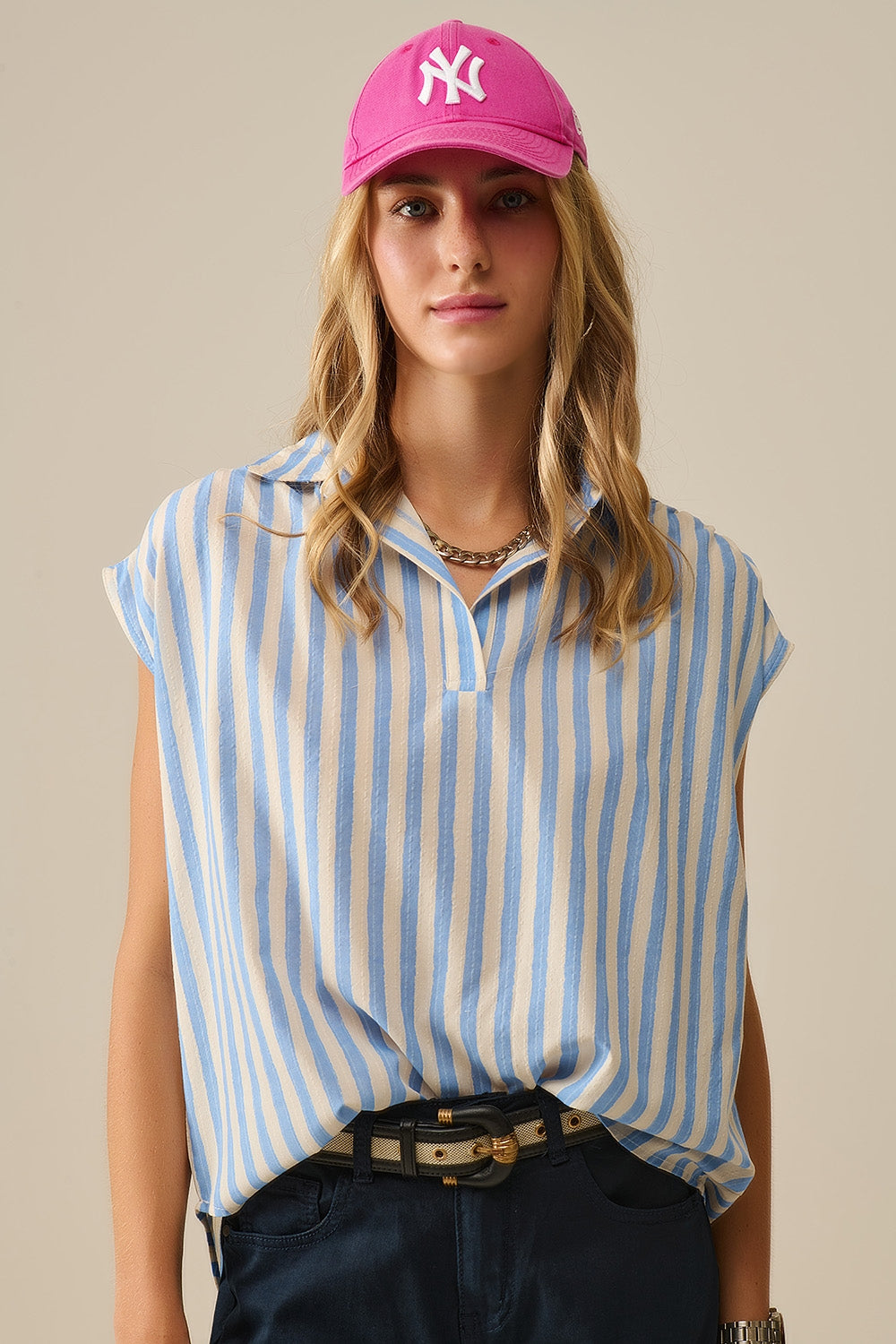 Q2 Blusa de mangas descaídas às riscas em azul