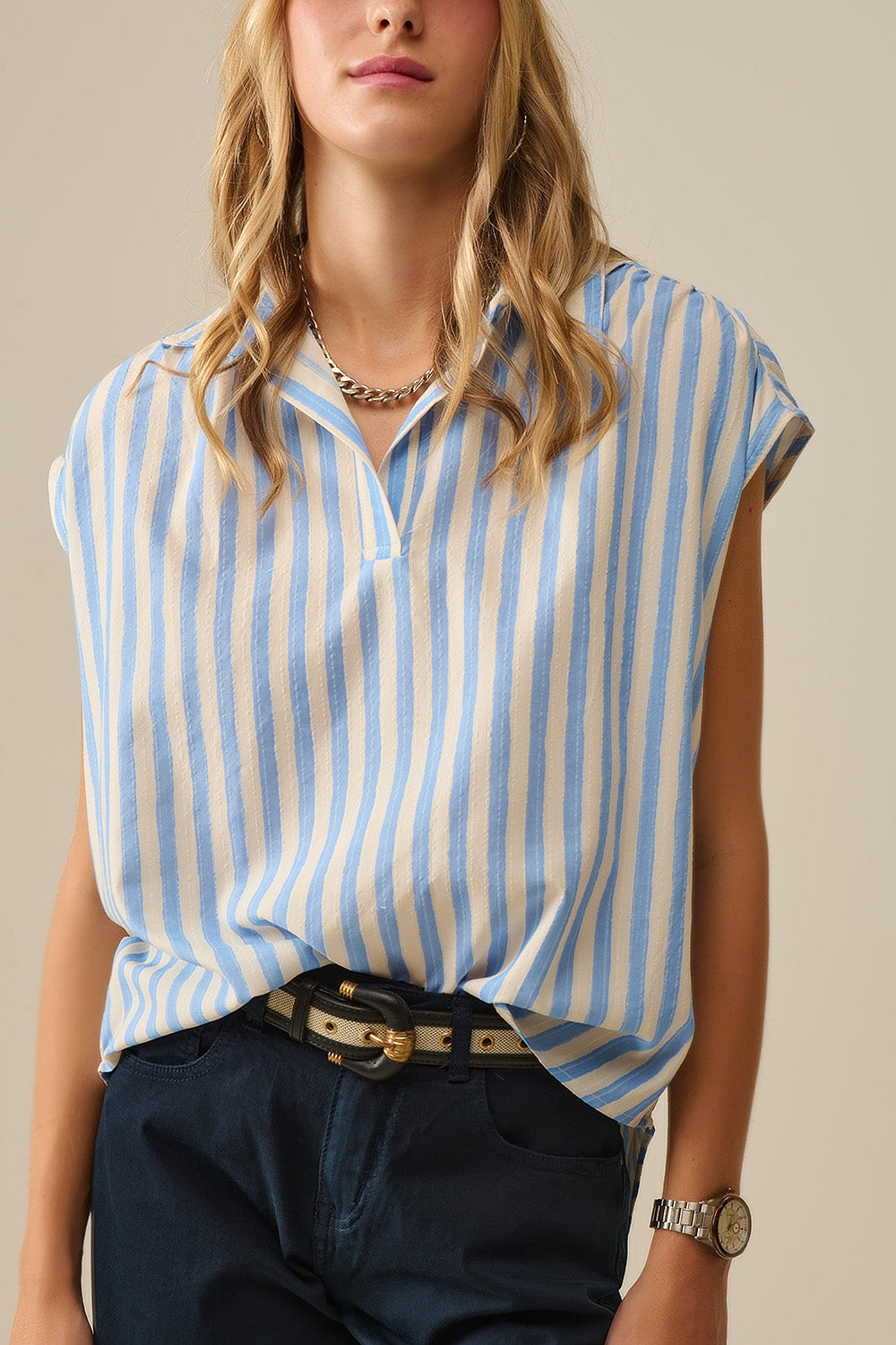 Blusa de mangas descaídas às riscas em azul