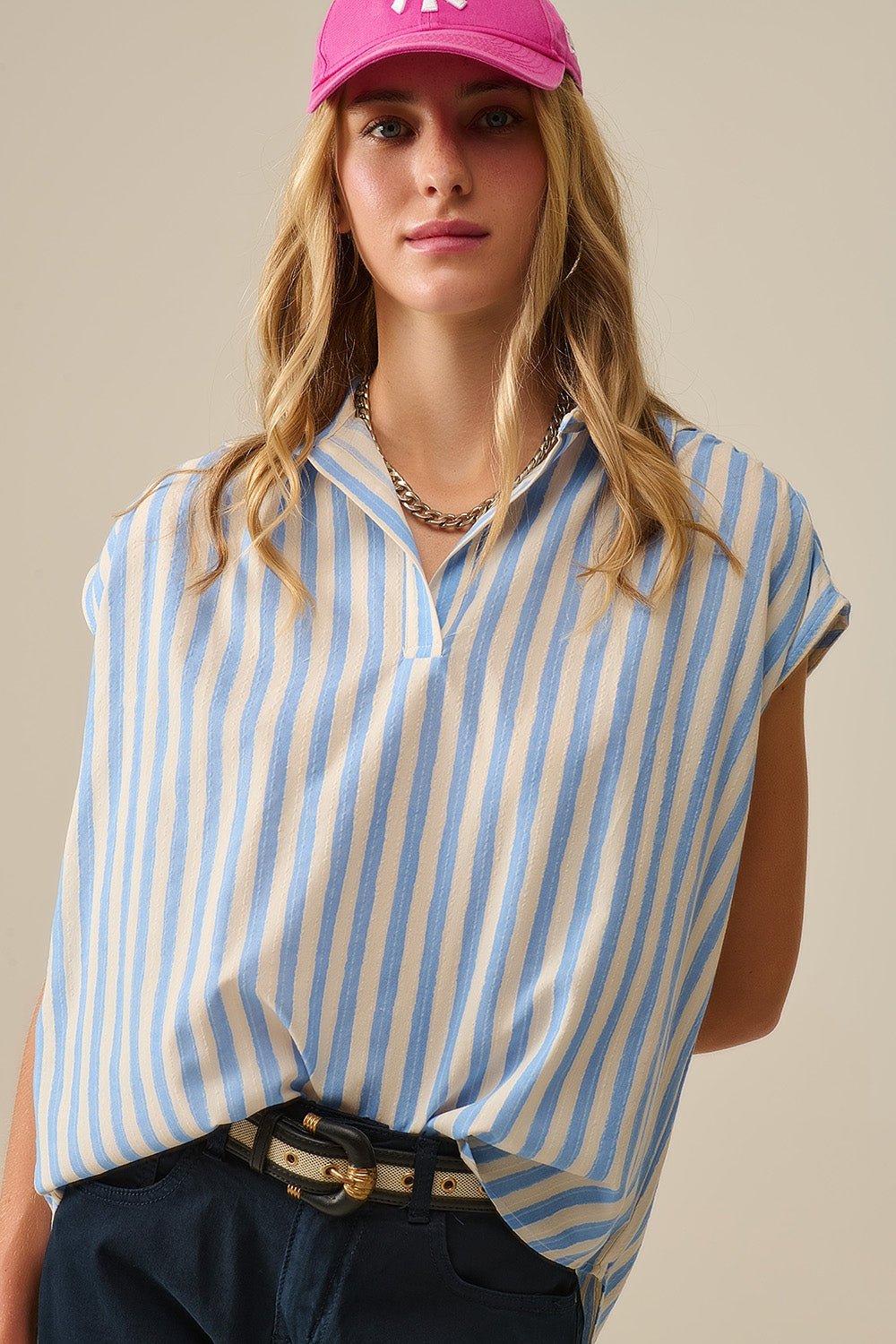 Blusa de mangas descaídas às riscas em azul