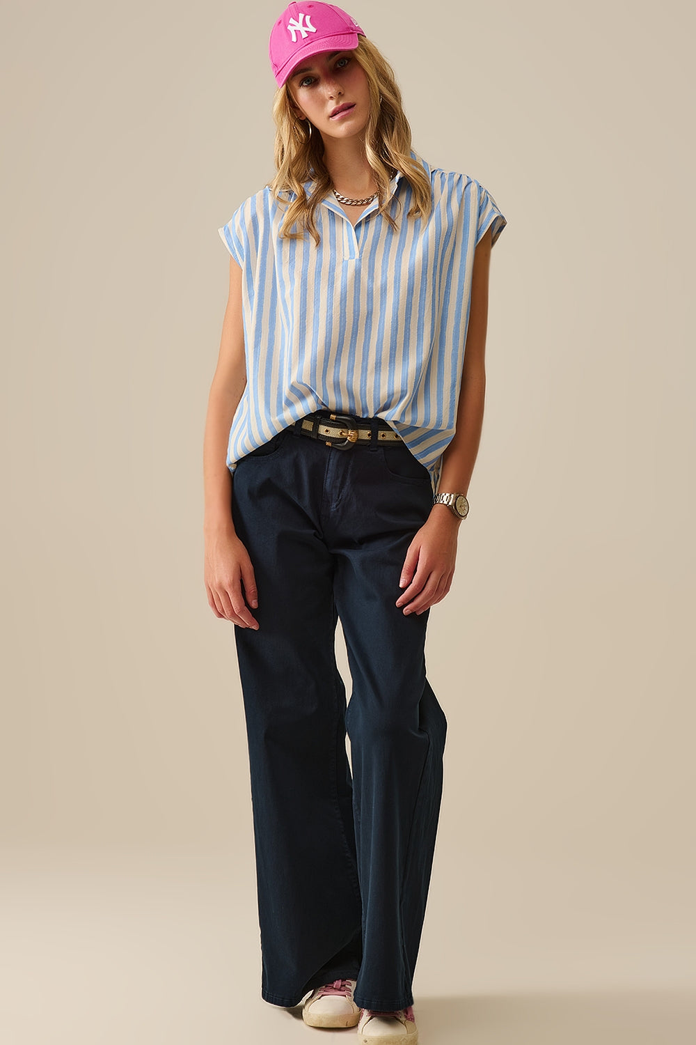 Blusa de mangas descaídas às riscas em azul