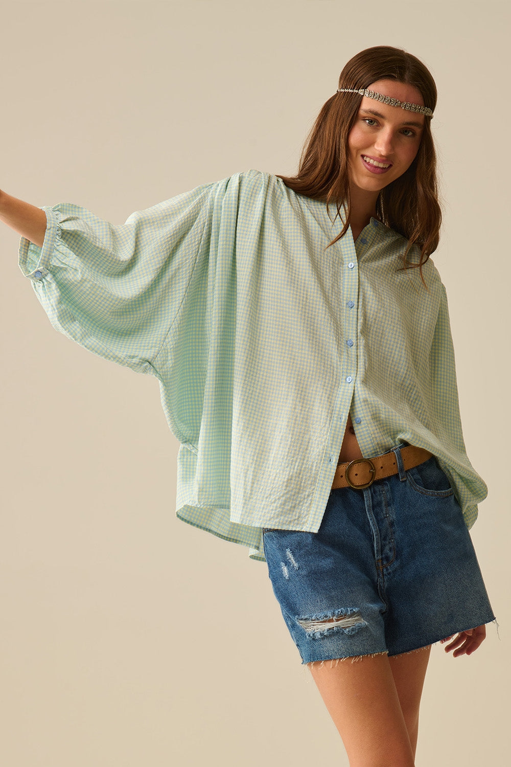 Q2 blusa solta de gingão azul claro