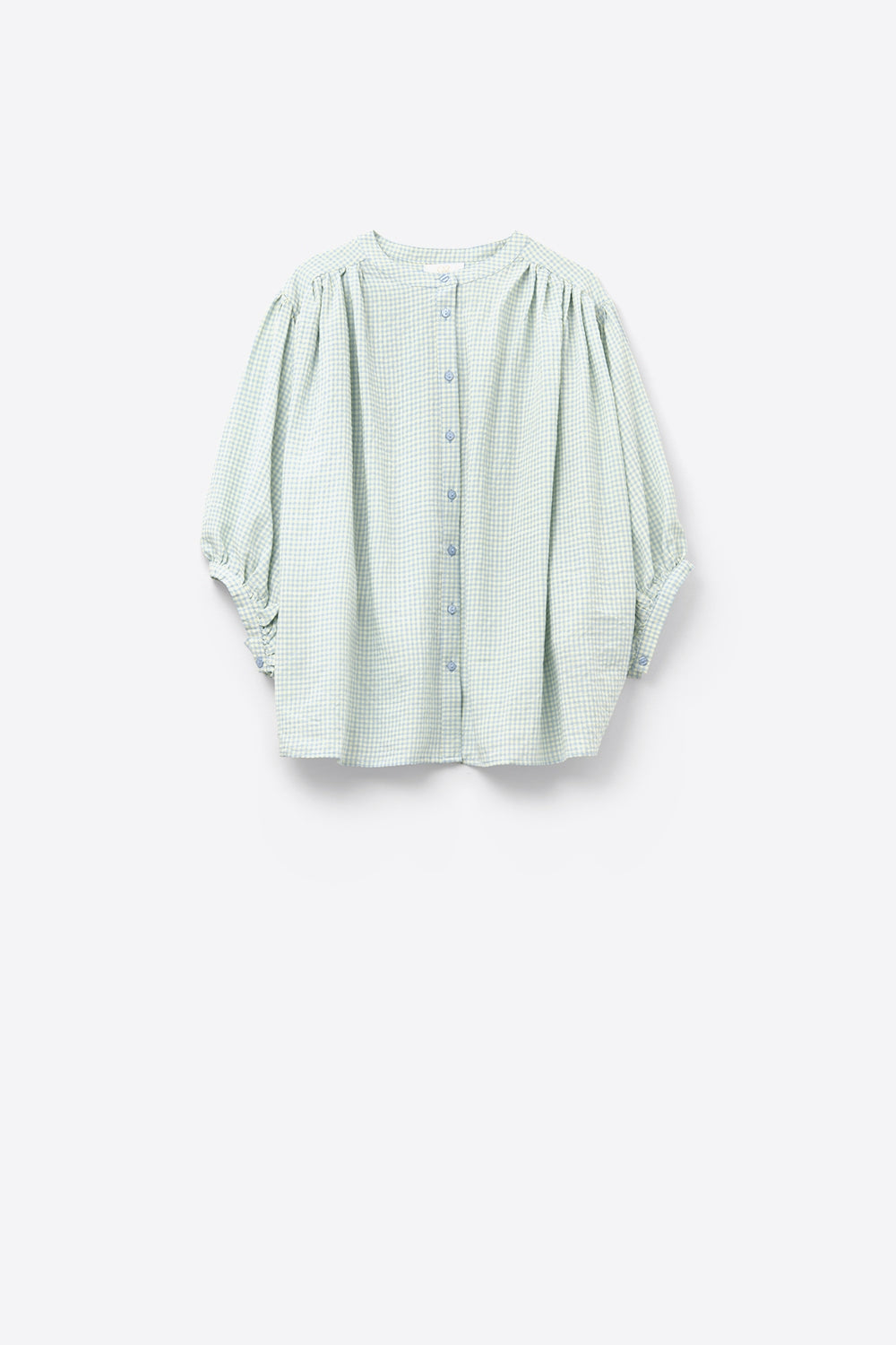 blusa solta de gingão azul claro