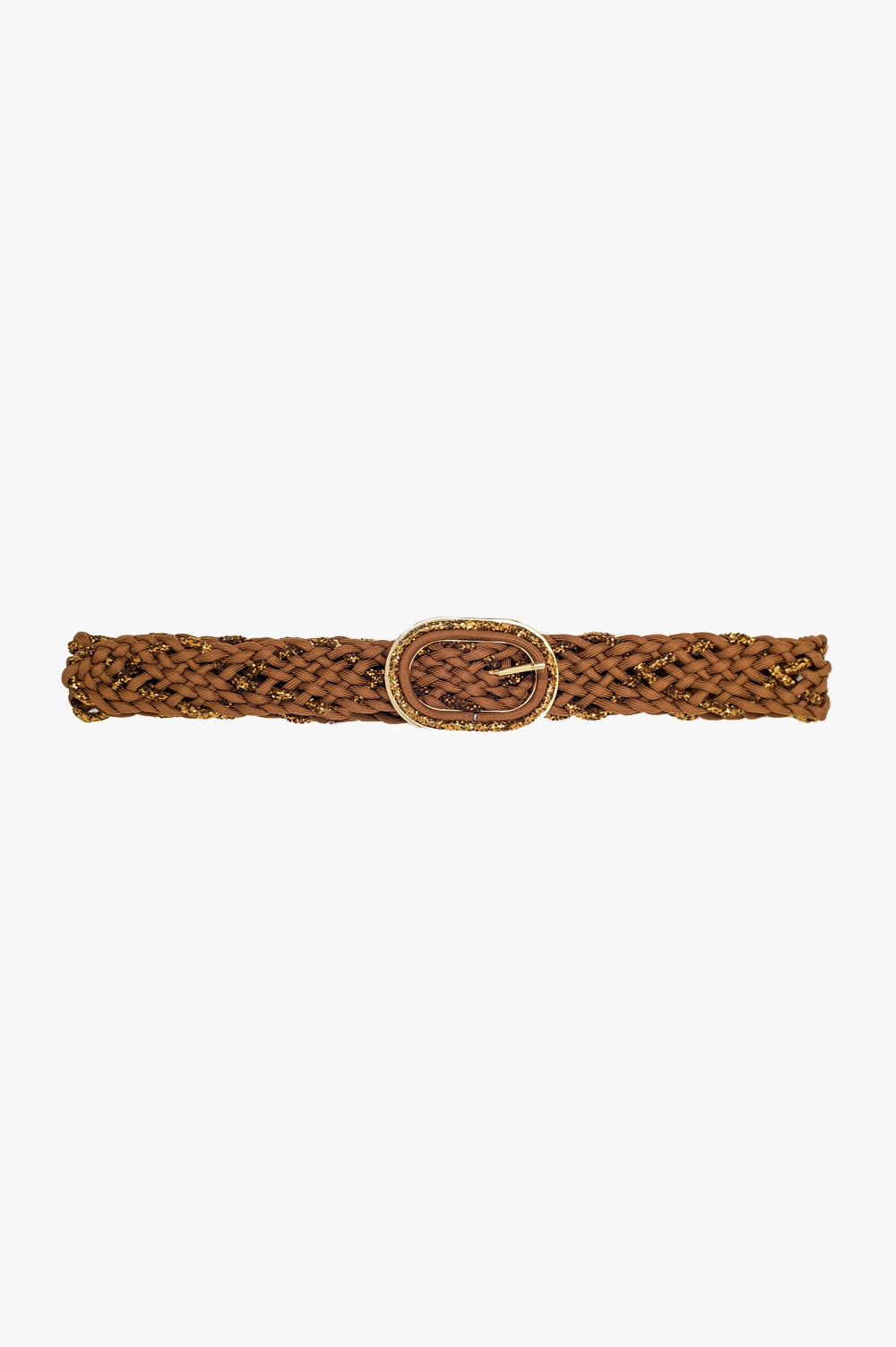 Cinto Trançado Marrom Com Fio Dourado Entrelaçado E Fivela Oval