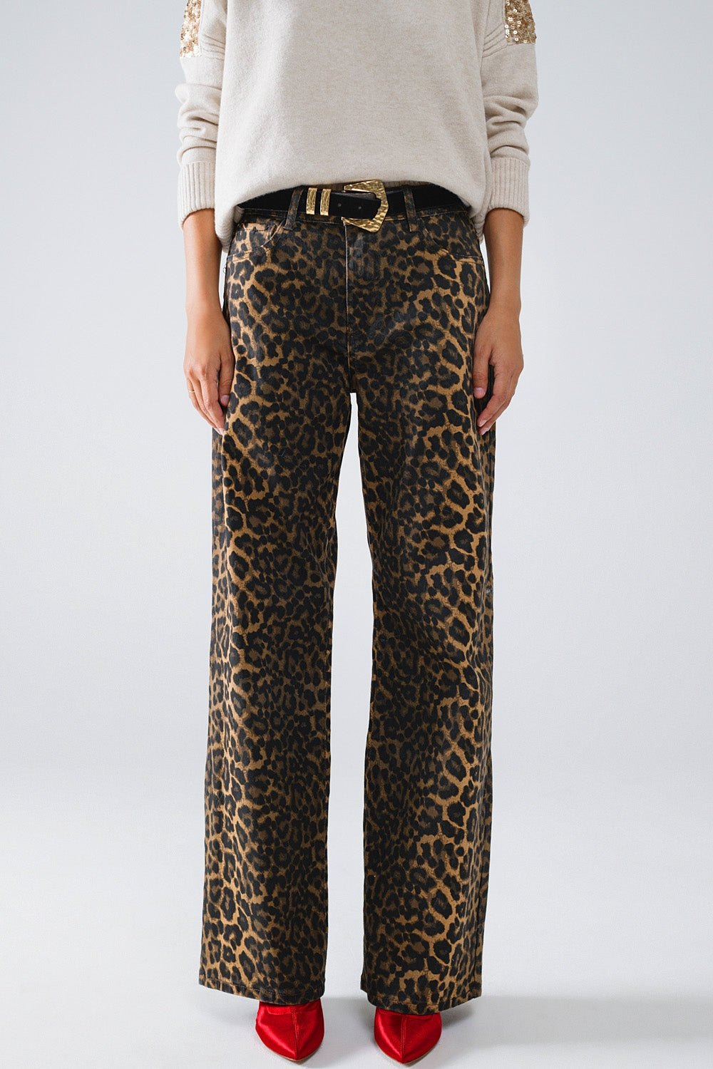 Q2 Calça padrão leopardo com degradé na frente e nas costas