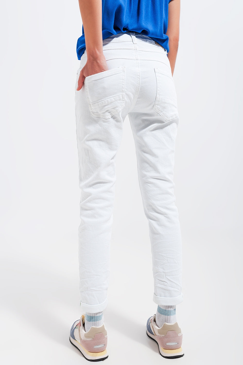 Calças de ganga skinny branco com fecho de botão exposto
