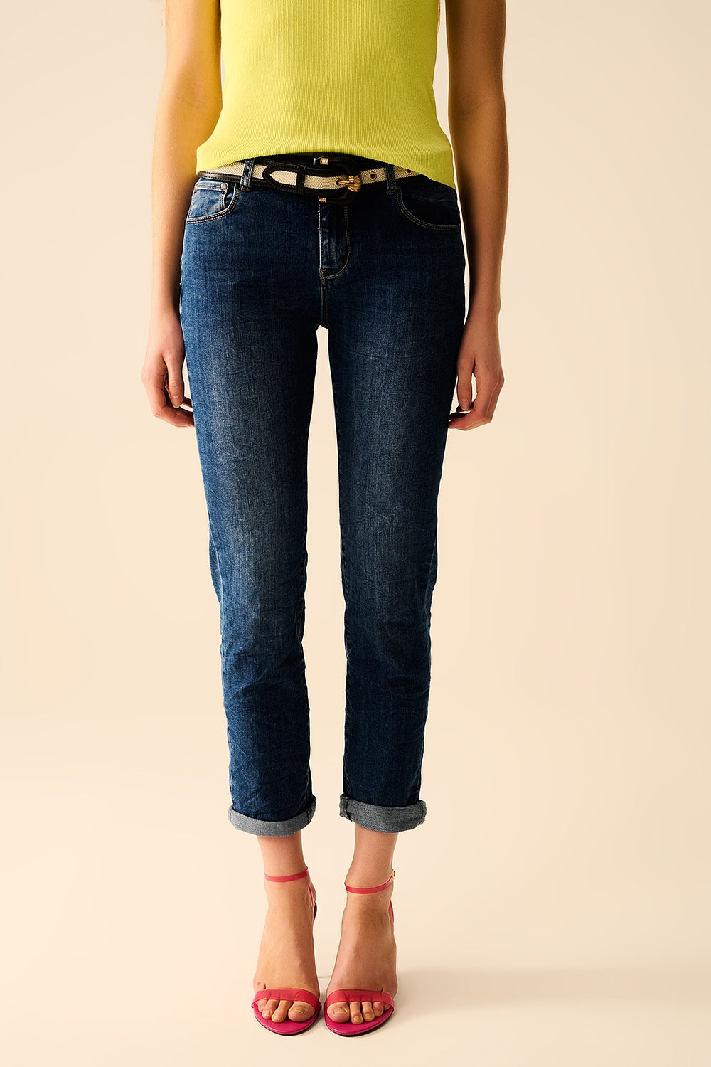 Q2 Calças de ganga Skinny de Lavagem Média e Elásticos