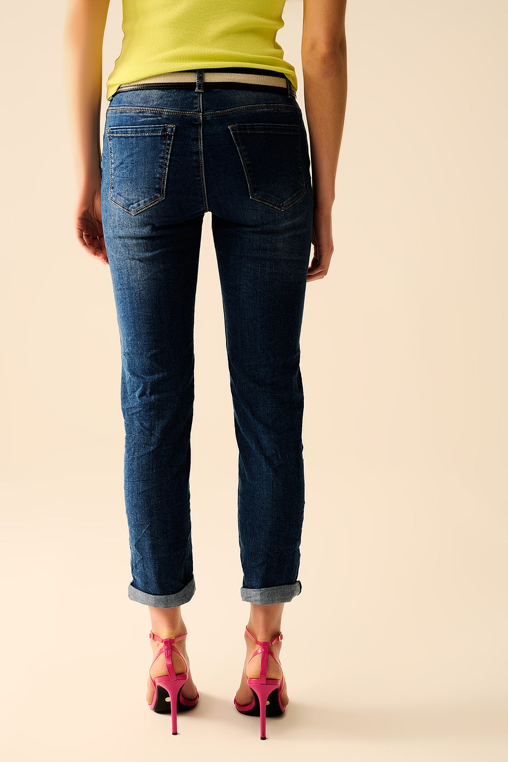 Calças de ganga Skinny de Lavagem Média e Elásticas