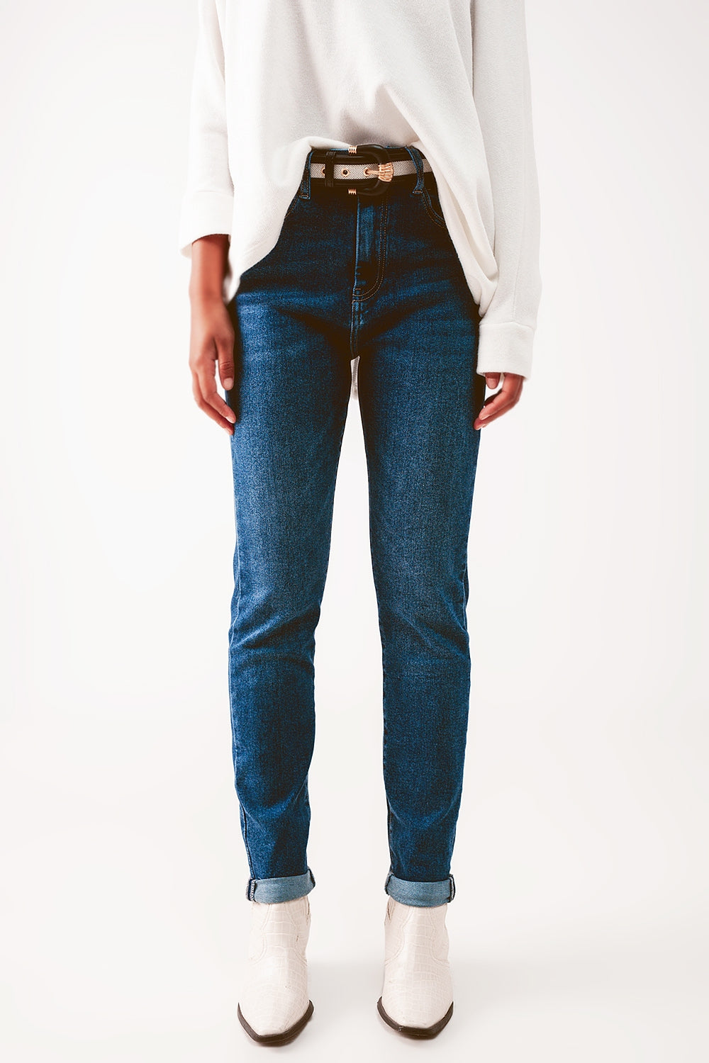 Calça de ganga skinny lavada médio de cintura alta