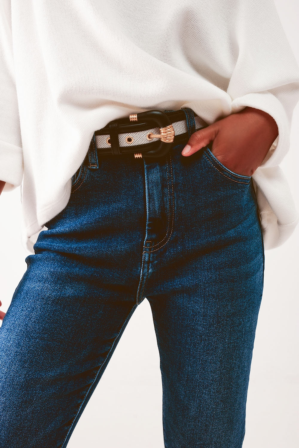 Calça de ganga skinny lavada médio de cintura alta