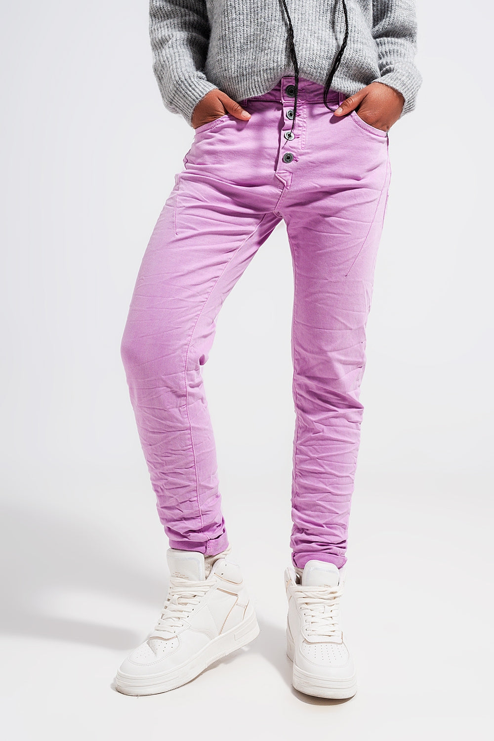 Calças de ganga skinny rosa com fecho de botão exposto