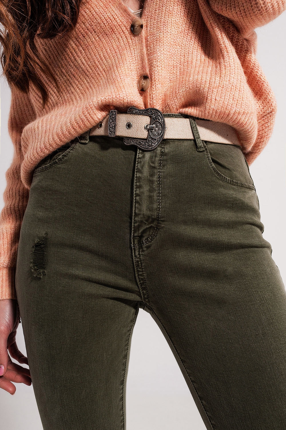 Calças de ganga skinny verdes com desenho rasgado