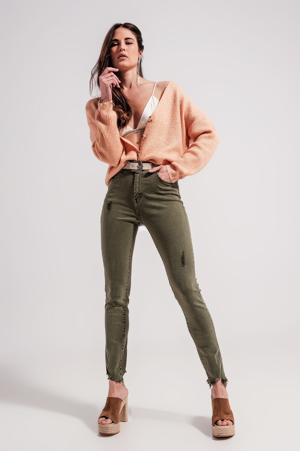 Calças de ganga skinny verdes com desenho rasgado