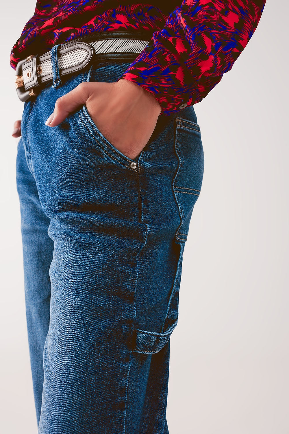 Calças de ganga stretch boyfriend de algodão em meio azul