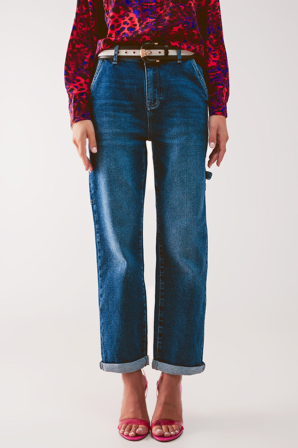 Calças de ganga stretch boyfriend de algodão em meio azul