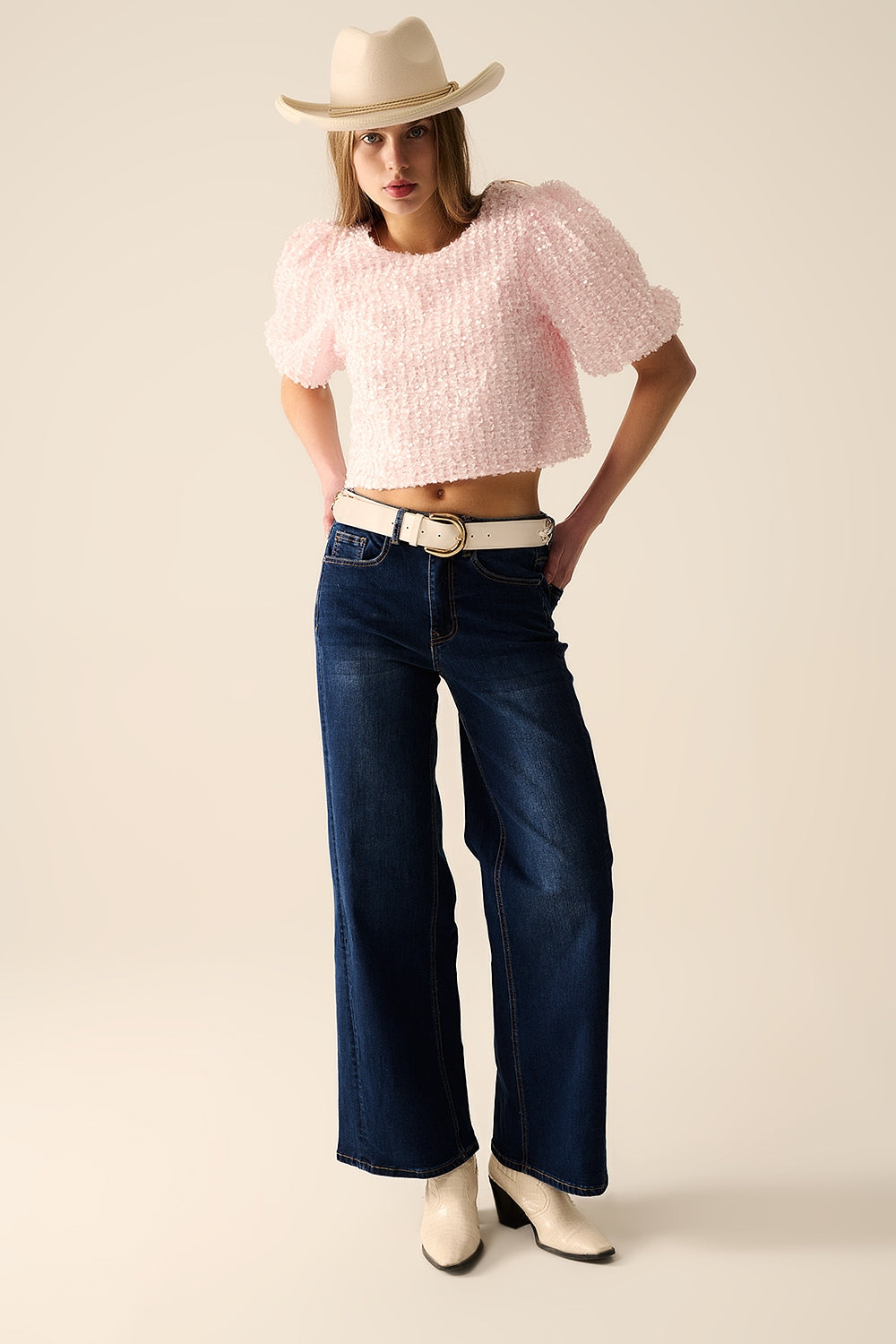 Calça de ganga stretch de perna larga escura