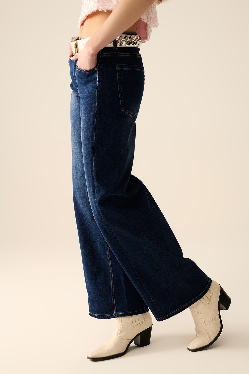 Calça de ganga stretch de perna larga escura