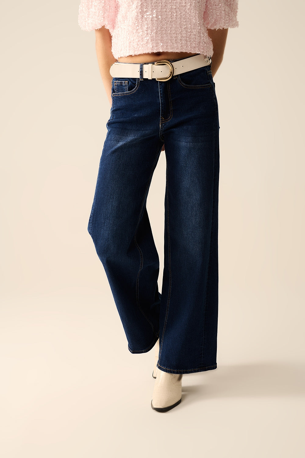 Calça de ganga stretch de perna larga escura