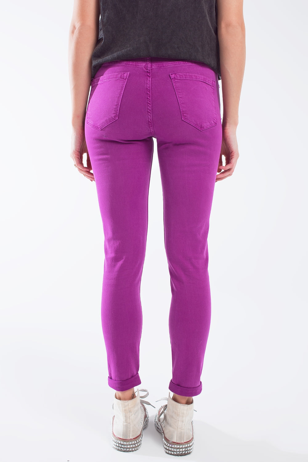 Calças de ganga super skinny fúcsia com rugas suaves no tornozelo
