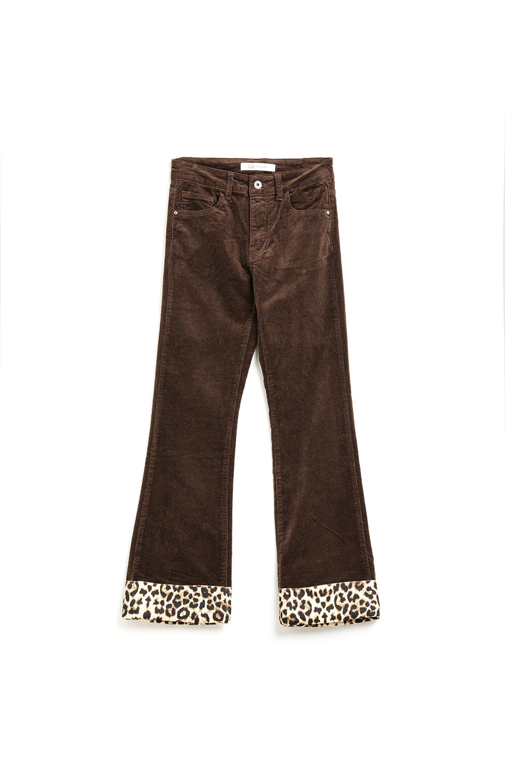 Calças largas de bombazina castanha com estampado de leopardo na parte inferior