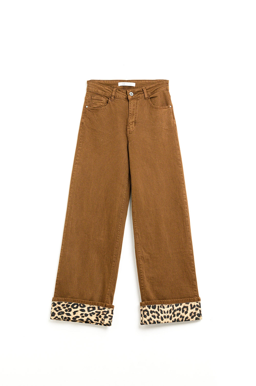 Q2 Calças largas em camel com estampado de leopardo na parte inferior
