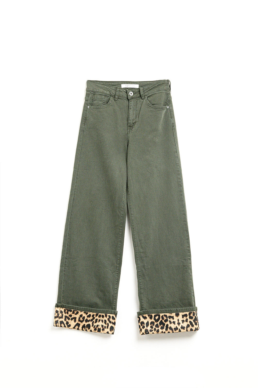 Q2 Calças largas em verde militar com estampado de leopardo na parte inferior