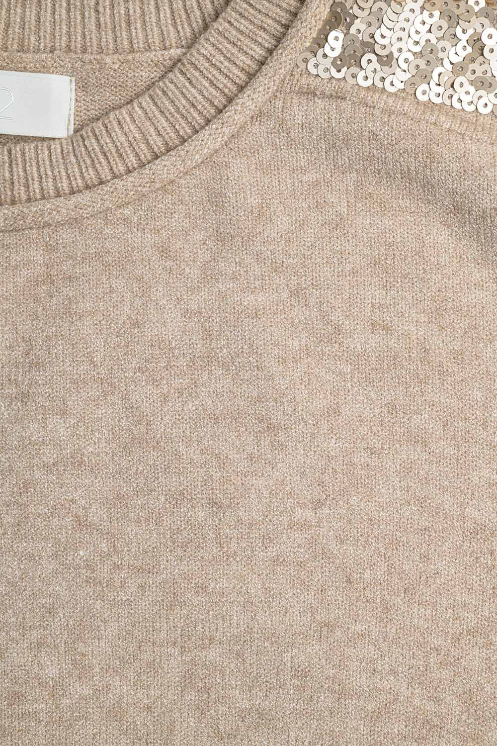 Camelo Camisola de mangas compridas com lantejoulas nos ombros