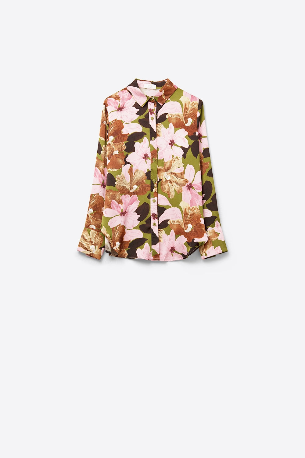 Camisa com acabamento em cetim e flores tropicais em verde azeitona