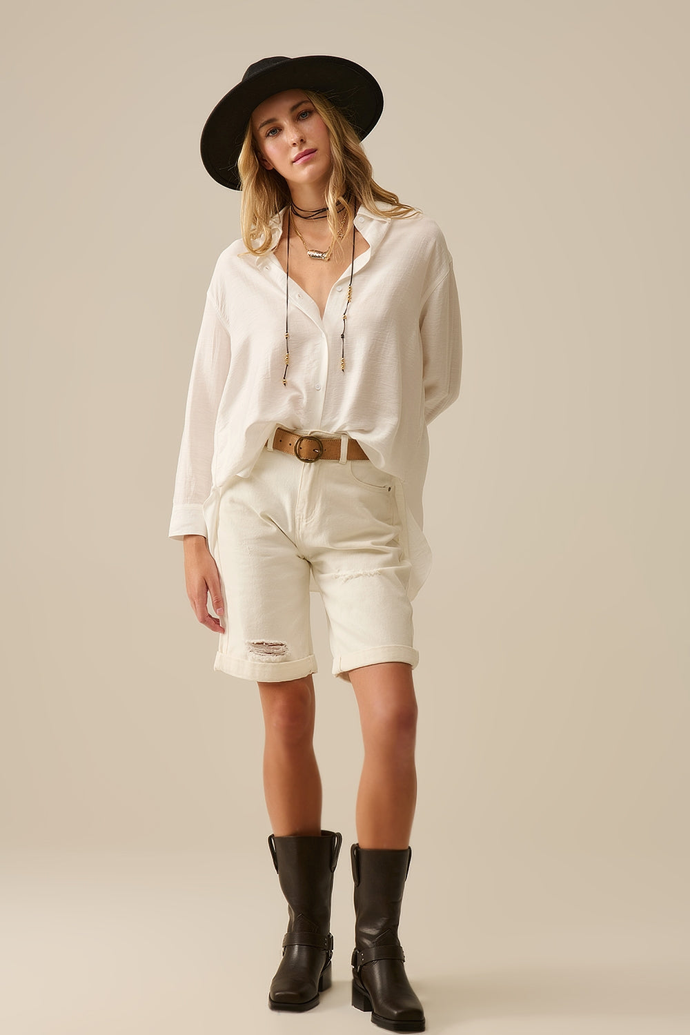 Camisa de corte descontraído com mangas compridas em branco