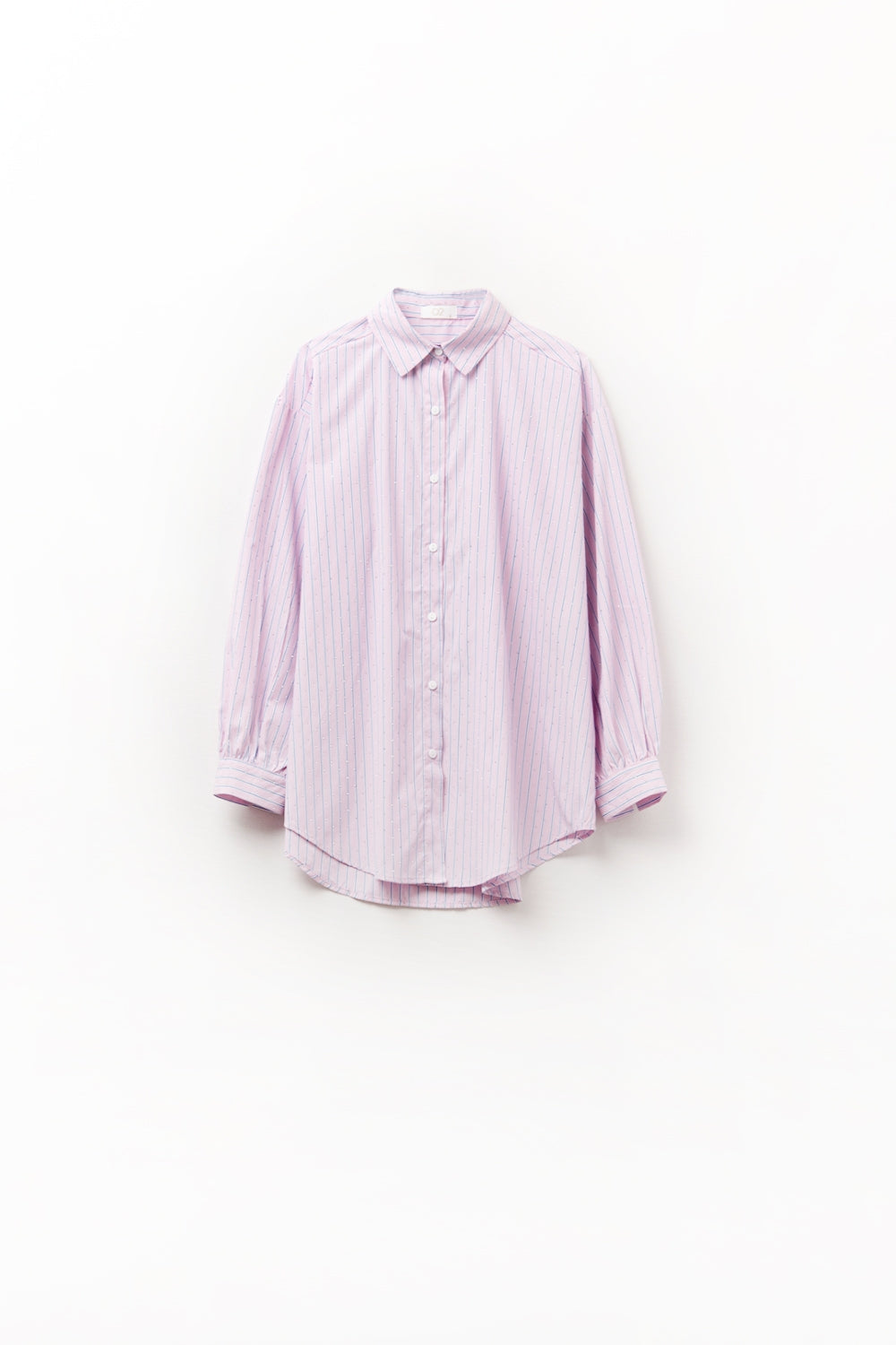 Camisa de popelina às riscas cor-de-rosa decorada com strass