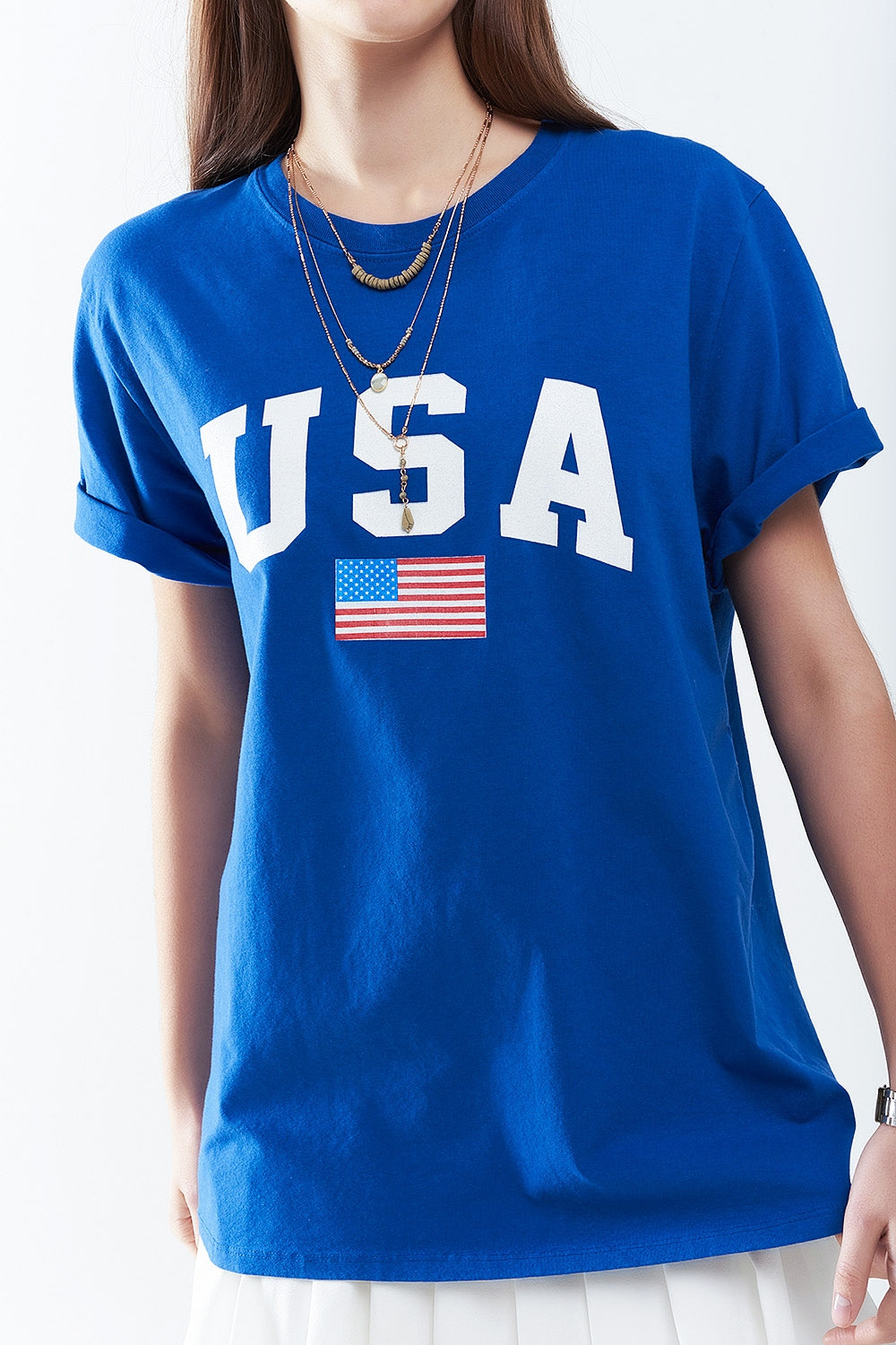 Camiseta longa azul solta com logotipo dos USA