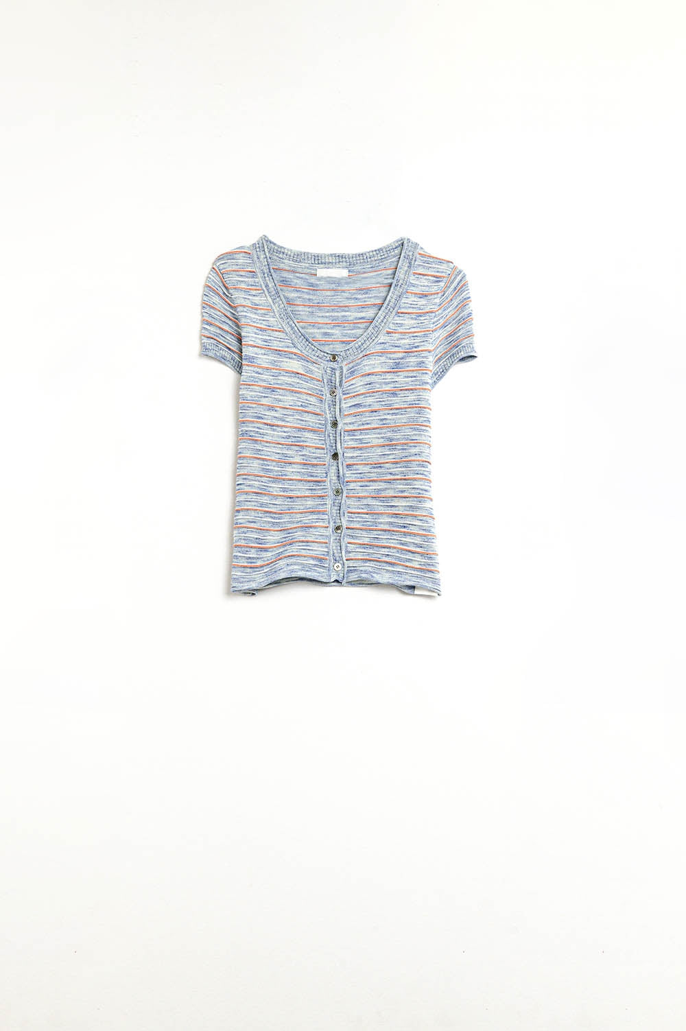 Camisola abotoado em azul com listras laranja