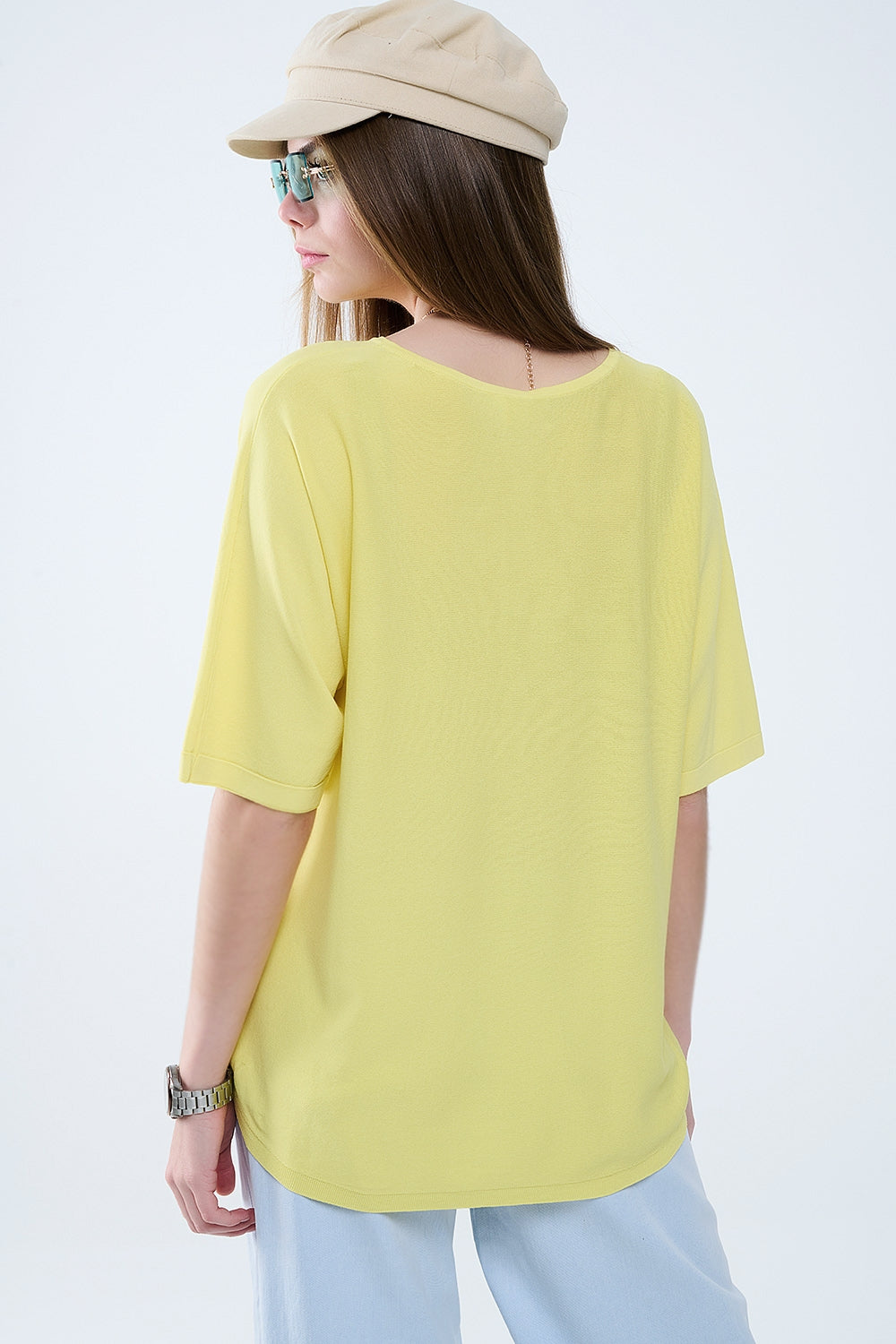 Camisola amarela oversized com mangas até ao cotovelo