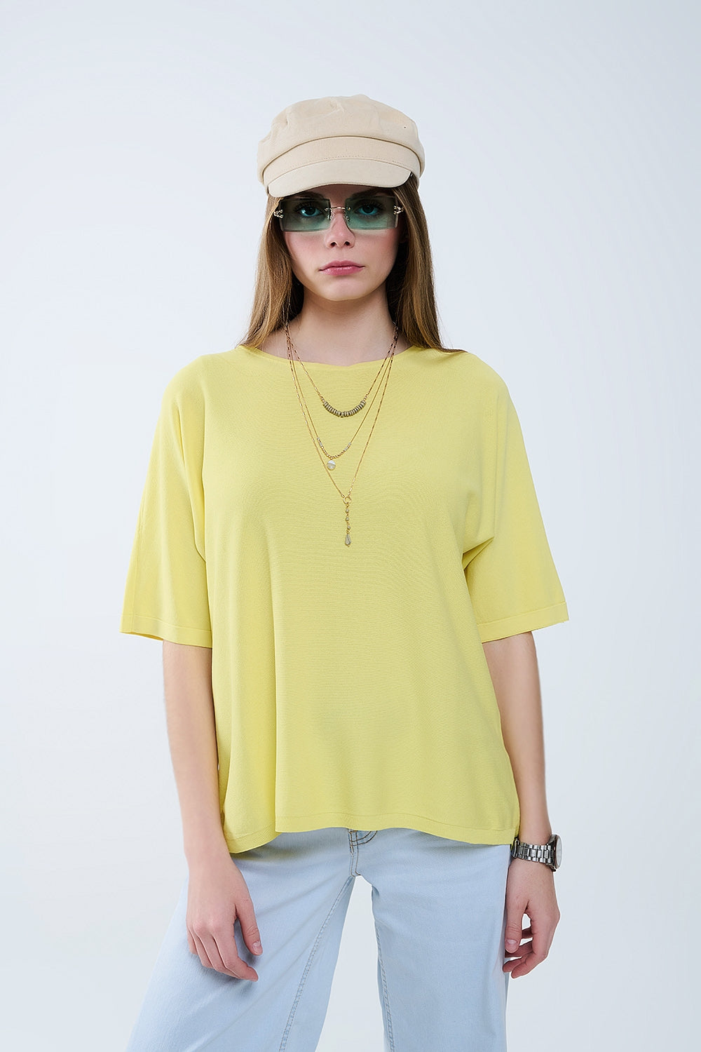 Camisola amarela oversized com mangas até ao cotovelo