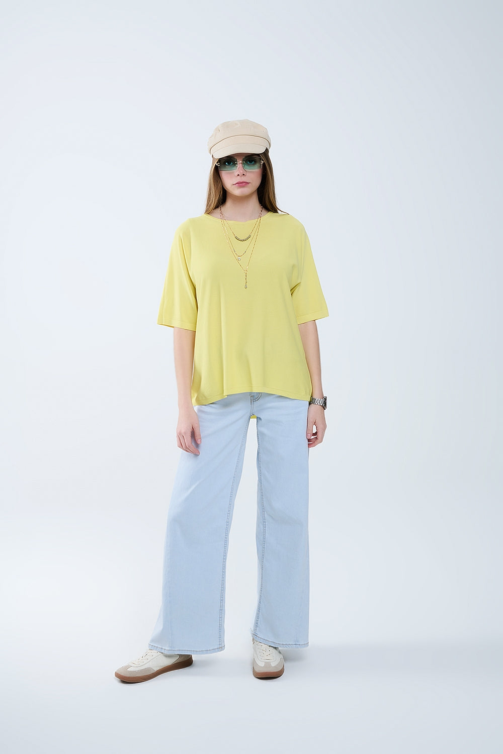 Camisola amarela oversized com mangas até ao cotovelo