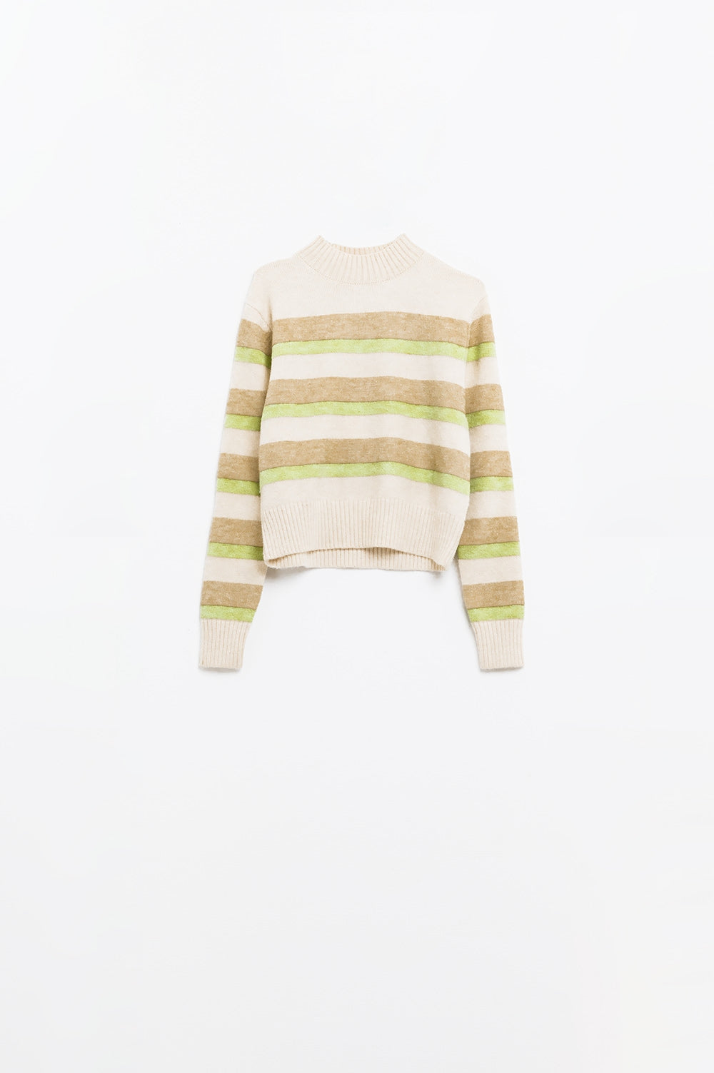 camisola bege com riscas verdes e camel