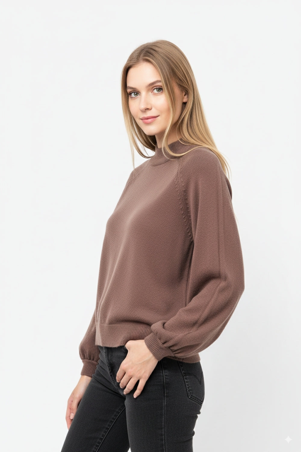 camisola castanha de estilo descontraído com mangas em balão