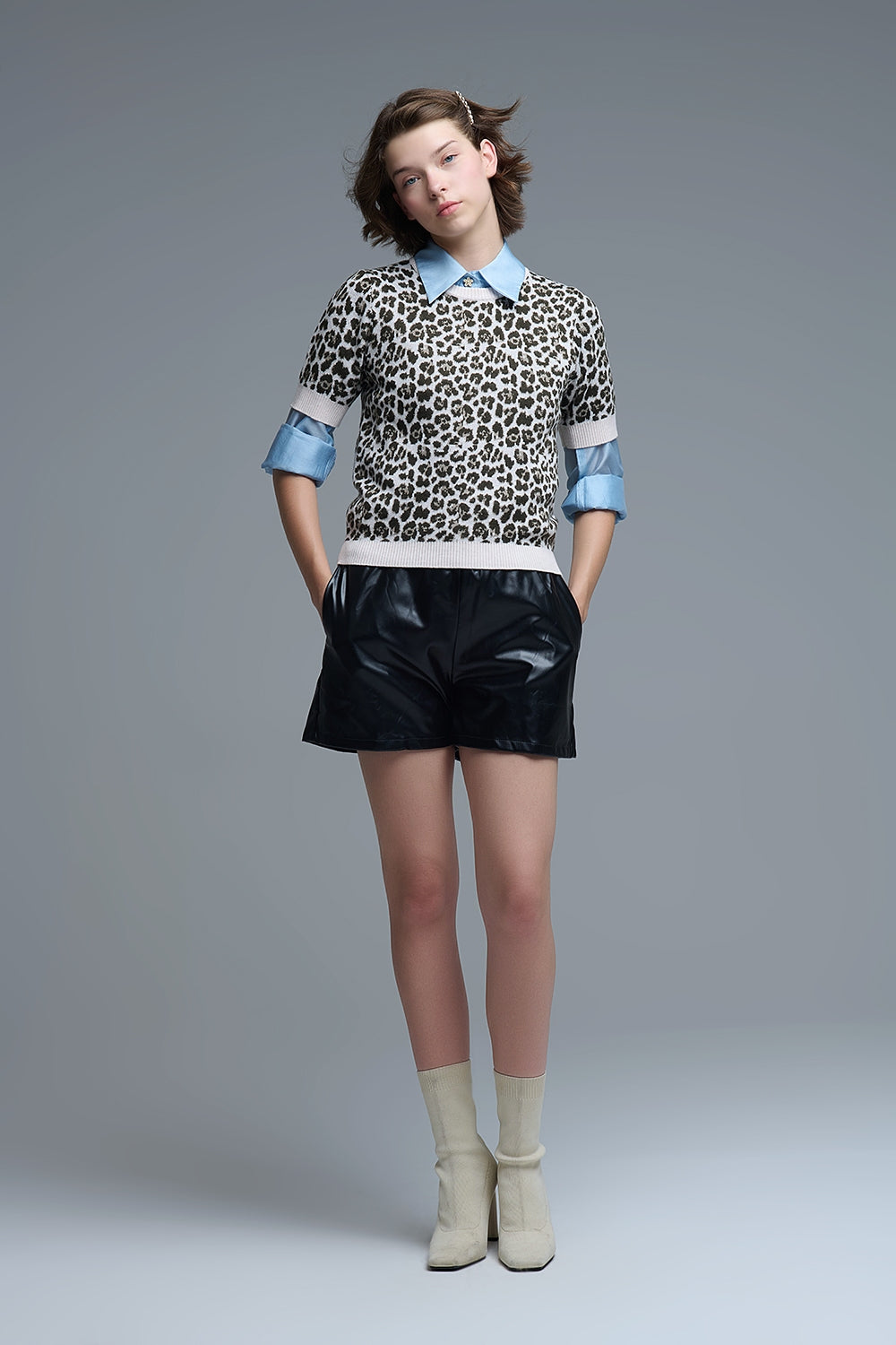 Camisola chique de manga curta com estampado de leopardo