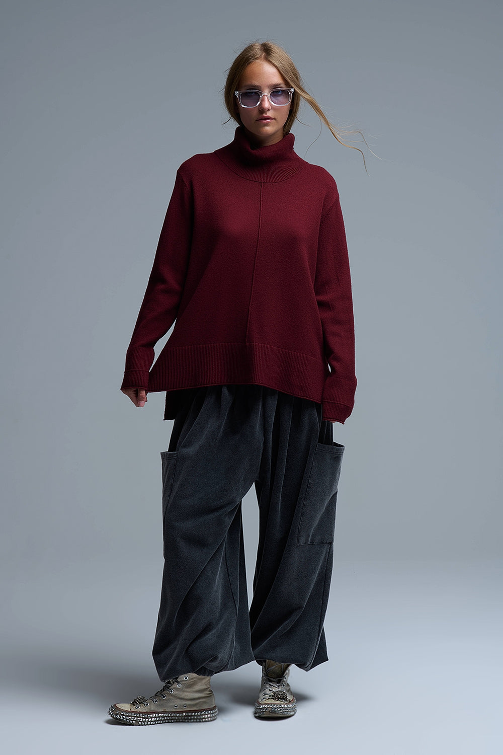 Camisola com gola redonda de grandes dimensões em Borgonha