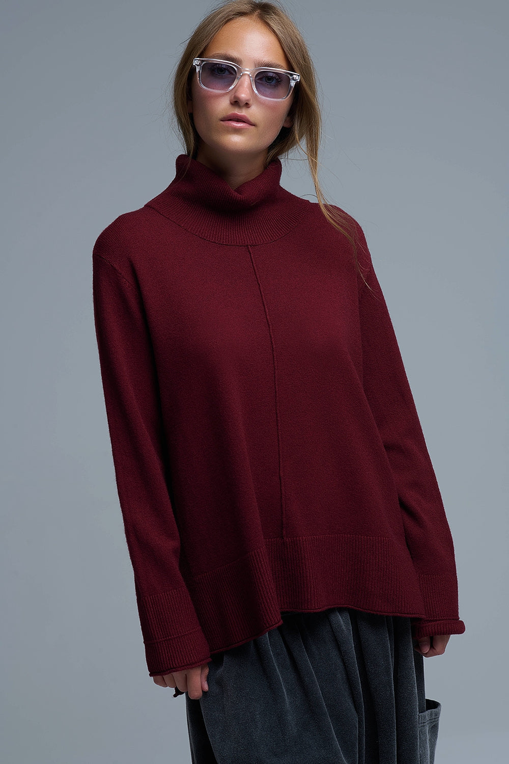 Camisola com gola redonda de grandes dimensões em Borgonha